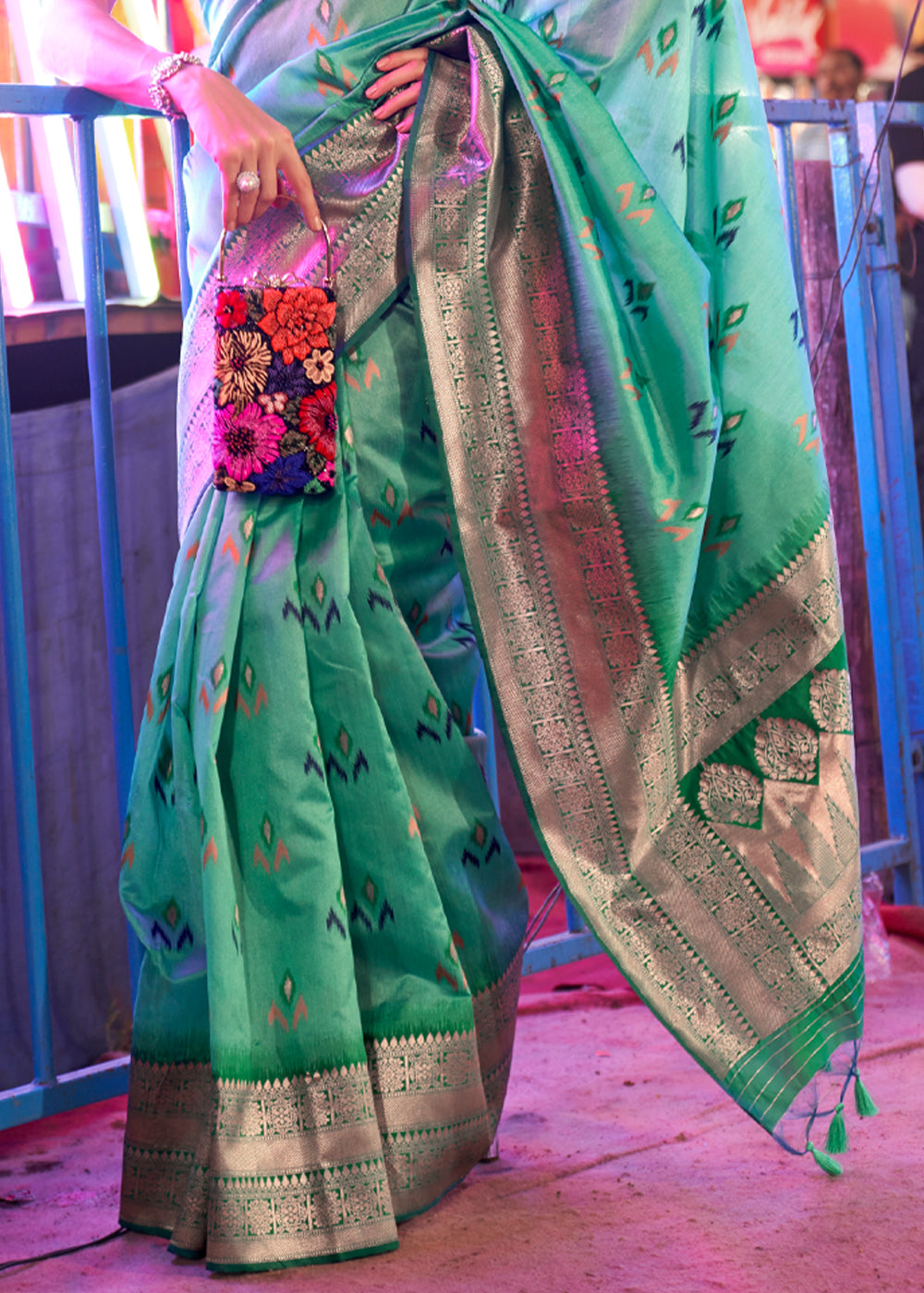 Sea Green Woven Banarasi Soft Silk Saree