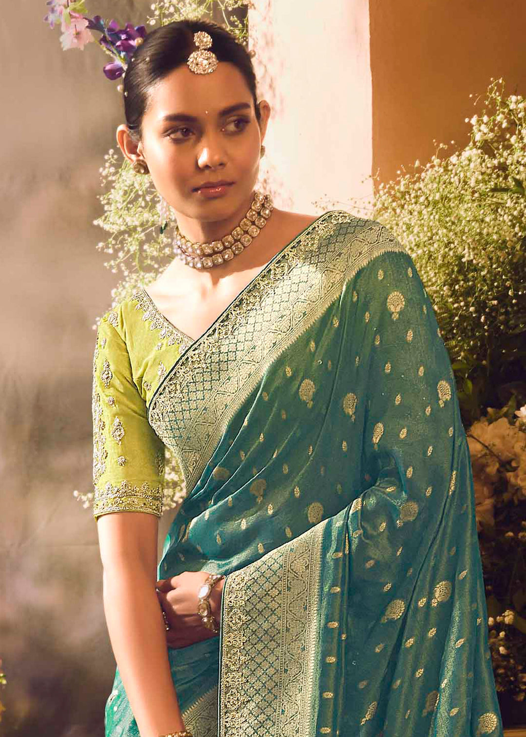 Navigate Green Premium Banarasi Tissue Silk Designers Saree