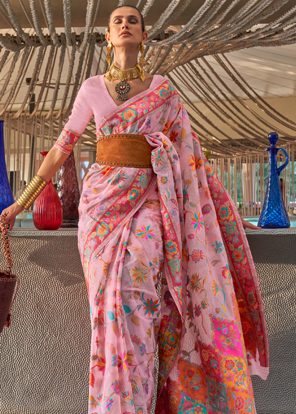 Blossom Pink Multi color Kashmiri Modal Handloom Weaving Saree