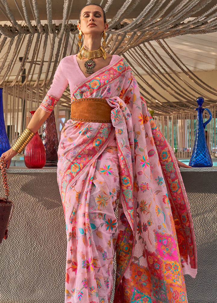 Blossom Pink Multi color Kashmiri Modal Handloom Weaving Saree