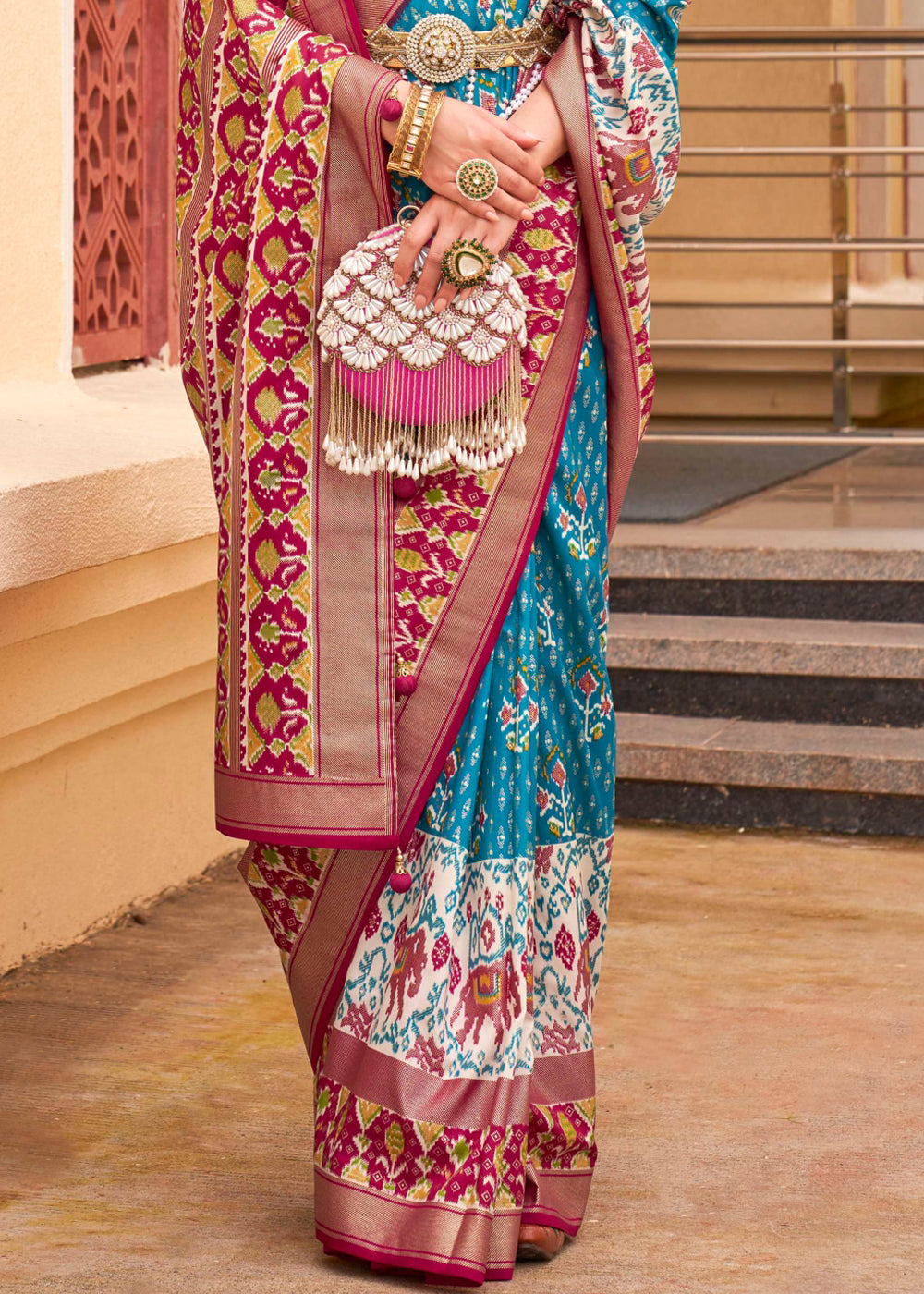 River Blue Printed Patola Saree With Contrast Blouse