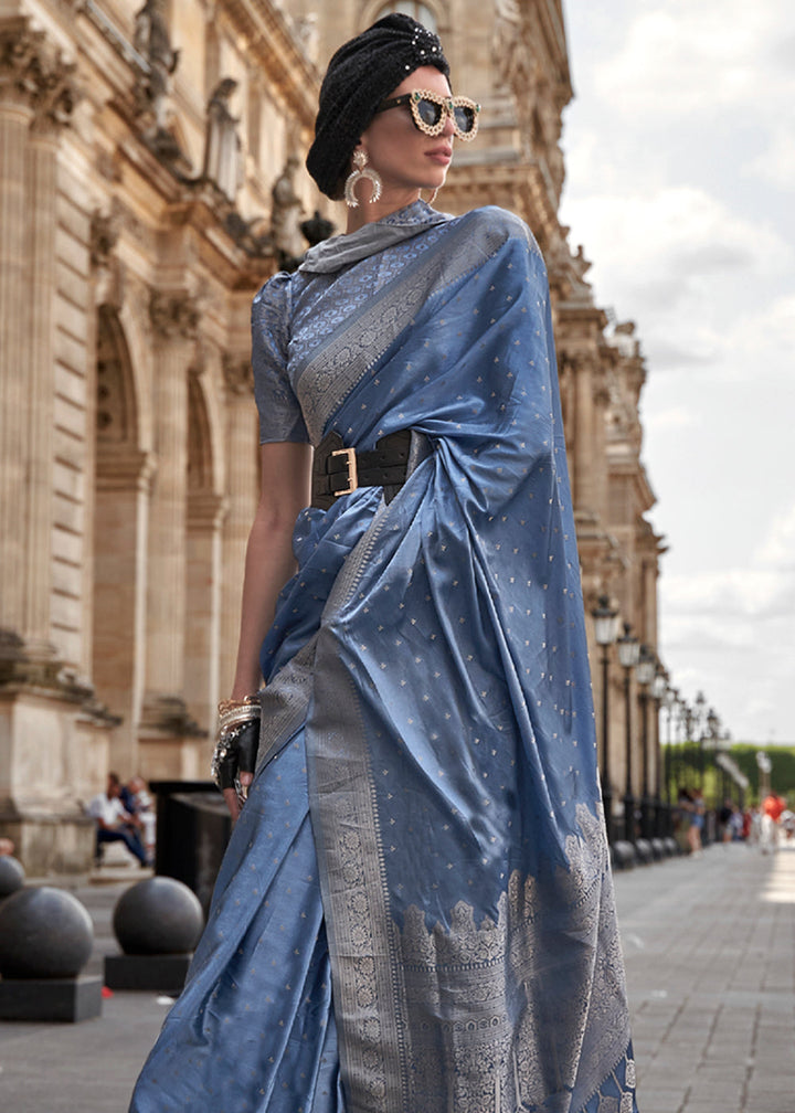 Greyish Blue woven Satin silk saree with brocade blouse