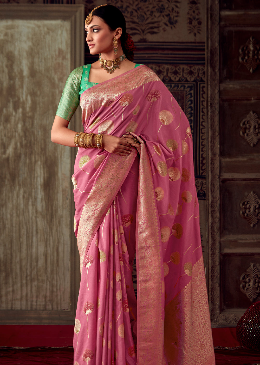 Lotus Pink Woven Georgette Silk Saree