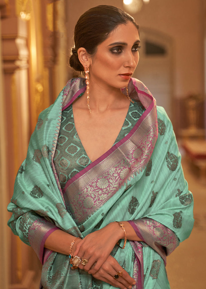 Sea Green Woven Tussar Silk Saree