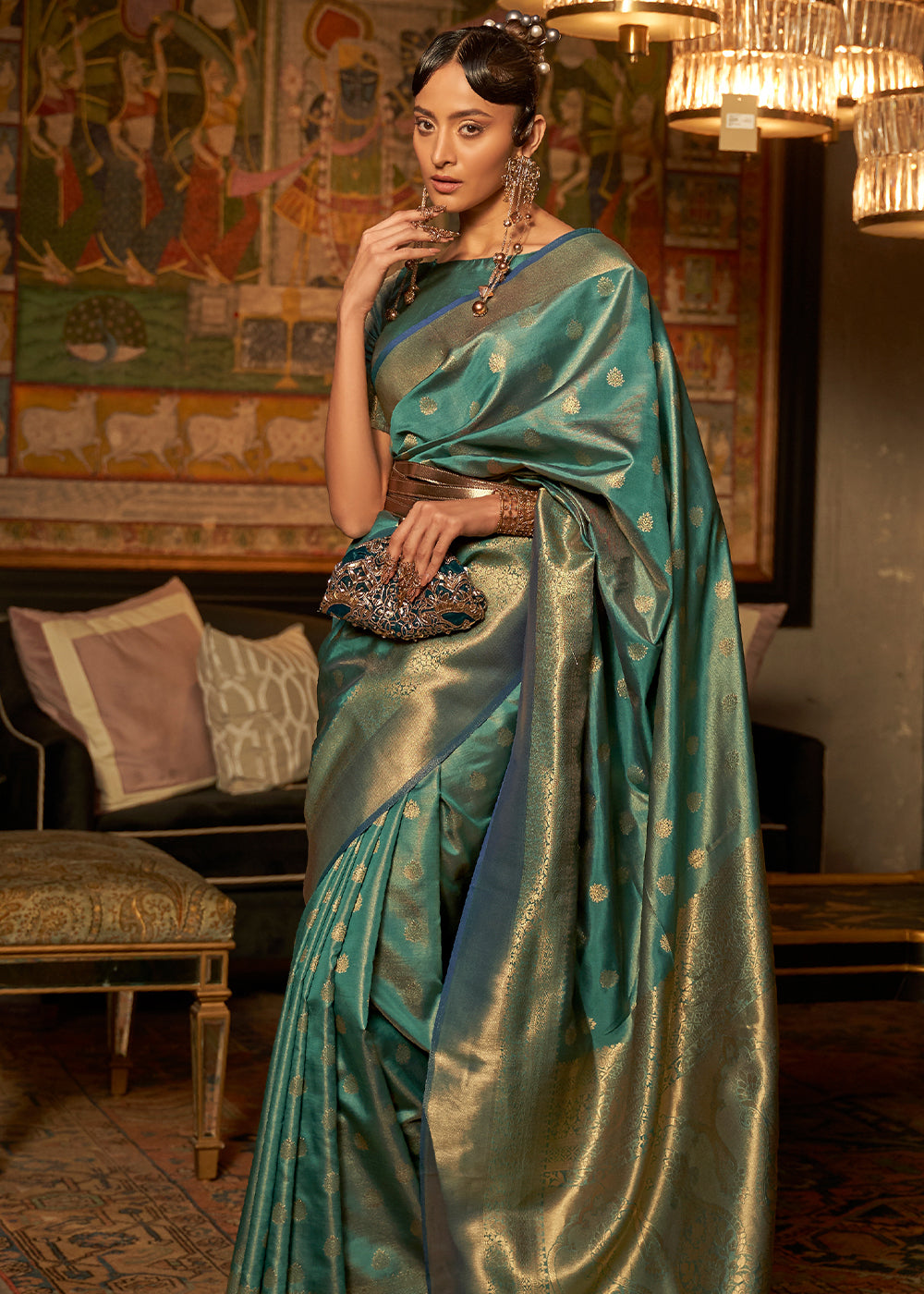 Teal Blue Handloom Woven Silk Saree