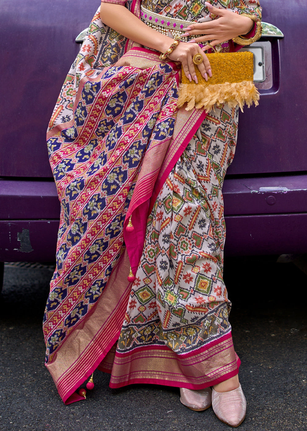 Adorning White/Pink Printed Patola Saree With Contrast Blouse