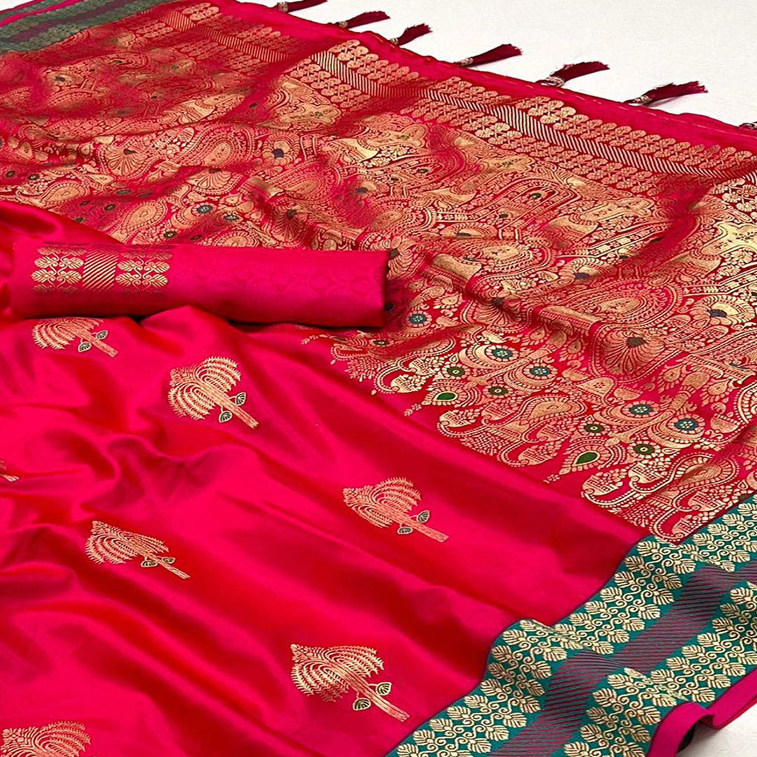 Dark Pink Pure Satin Chaap Handloom Weaving Silk Saree