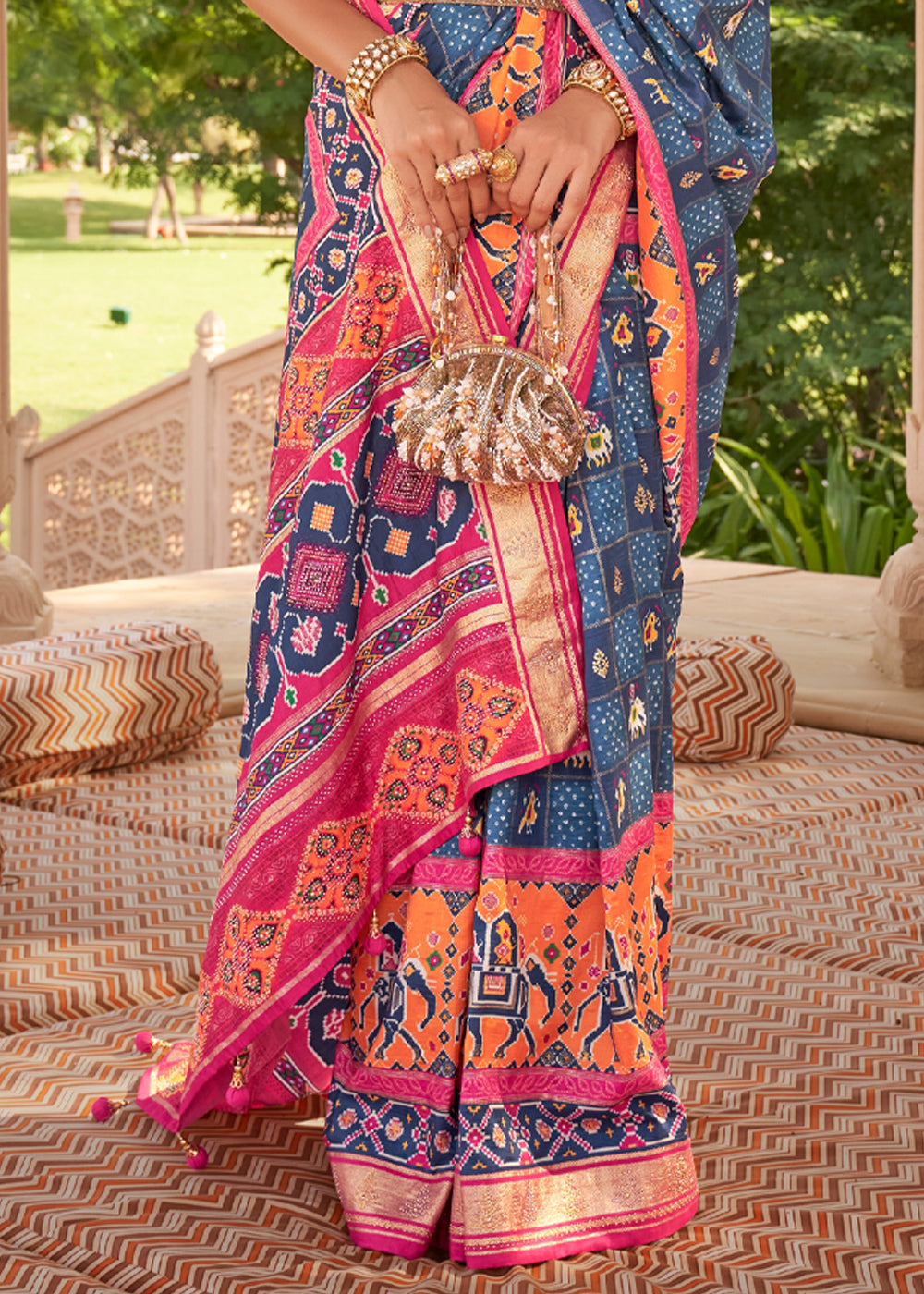 Blue and Pink Designer Patola Silk Saree