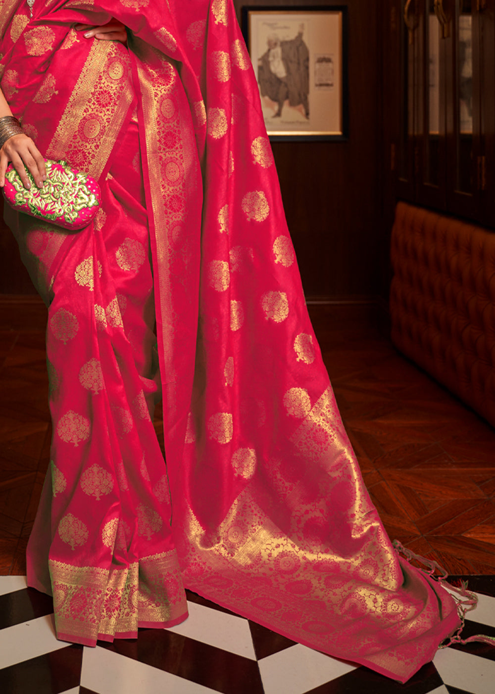 Cherry Pink Woven Banarasi Silk Saree