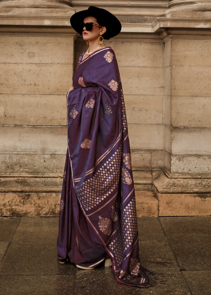 Purple Satin Handloom Weaving Silk Saree