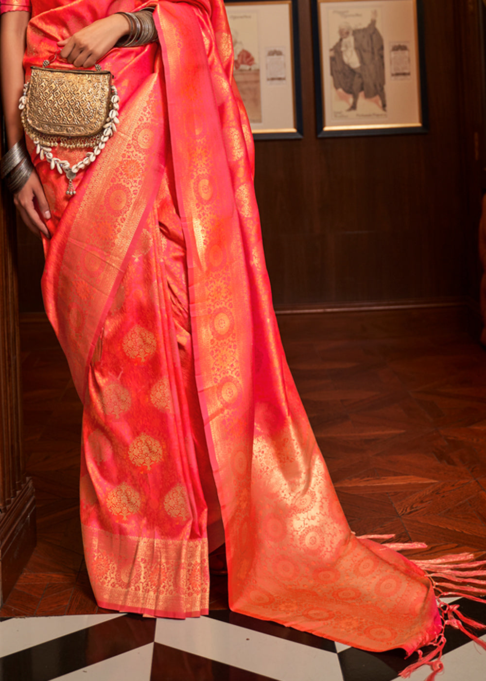 Hot Orange Woven Banarasi Silk Saree