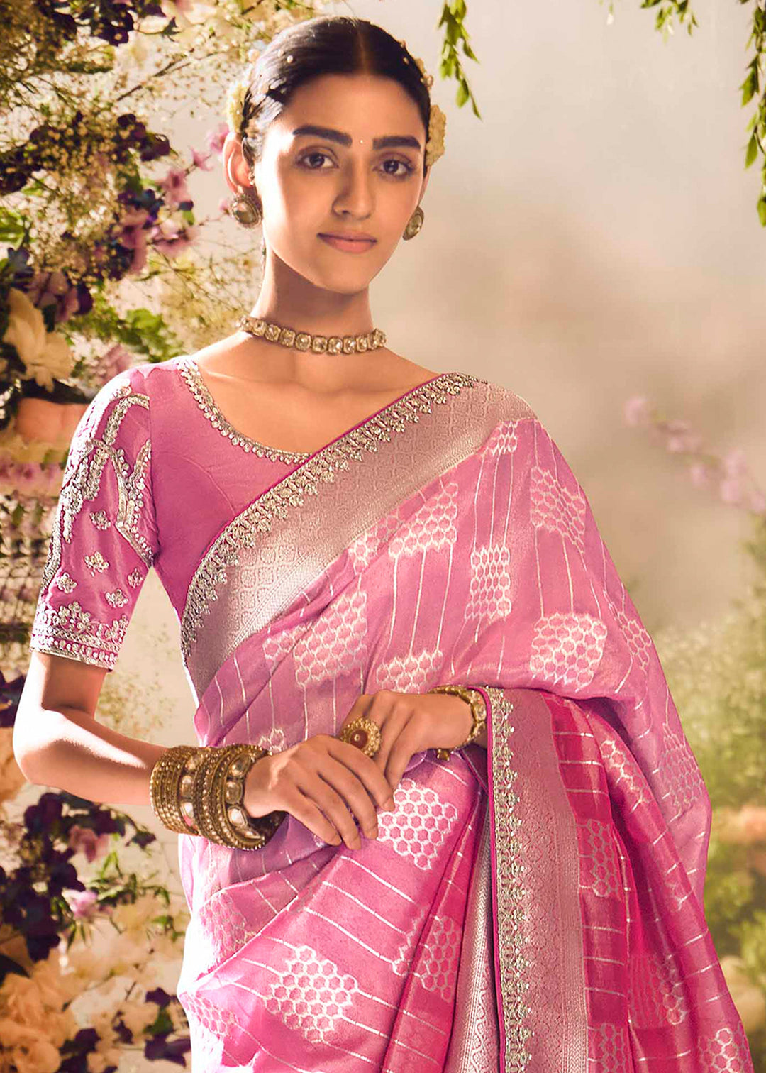 Bloom Pink Premium Banarasi Tissue Silk Designers Saree