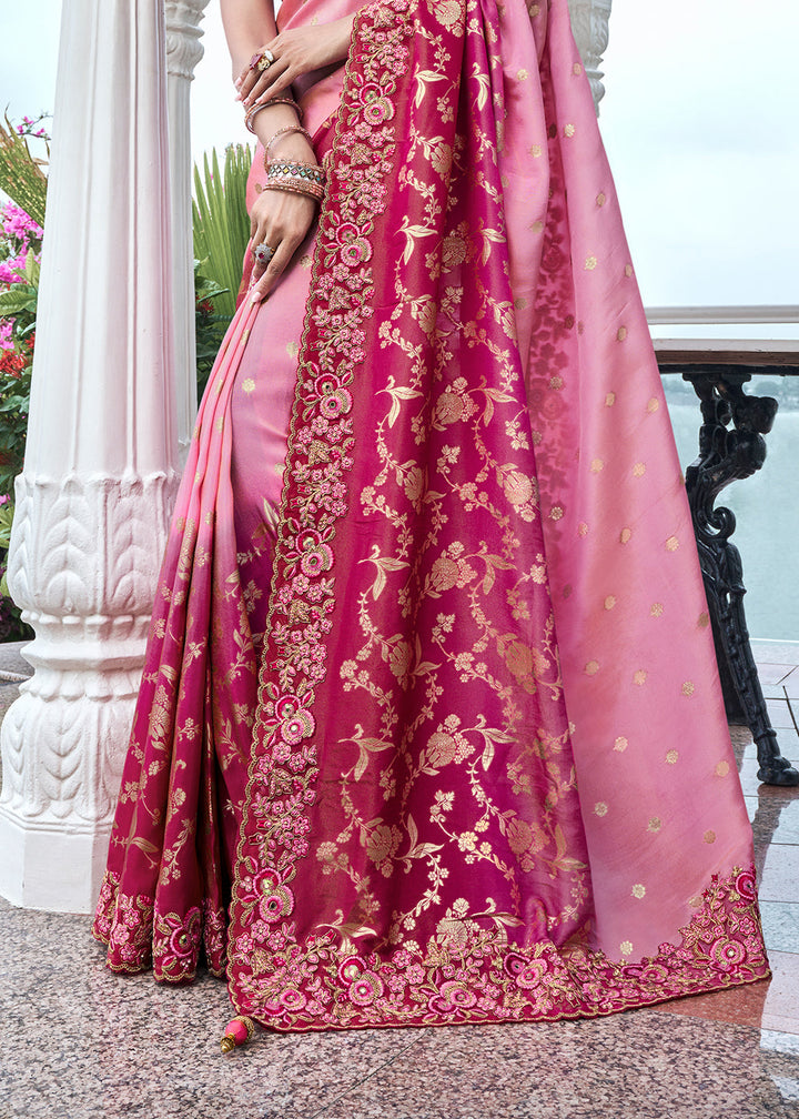 Rani Pink Heavy Embroidery Tissue Saree with Designer Blouse