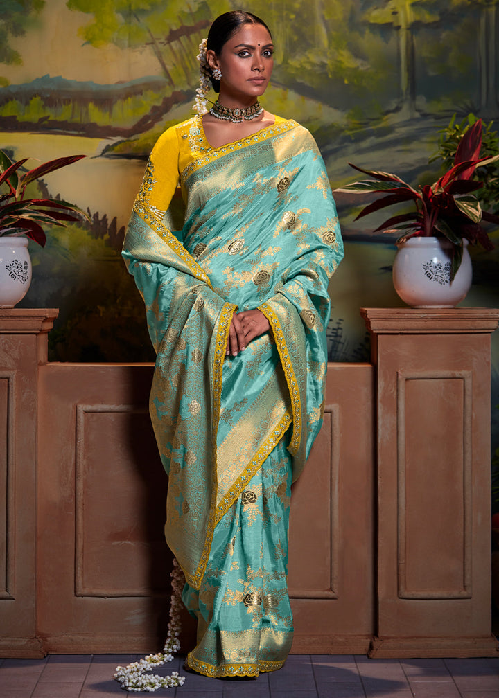 Aqua Blue & Yellow Woven Dola Silk Saree with Designer Embroidery Blouse