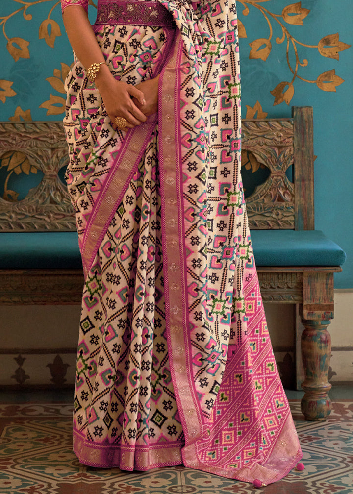 Blush Pink And Beige Designer Patola Silk Saree