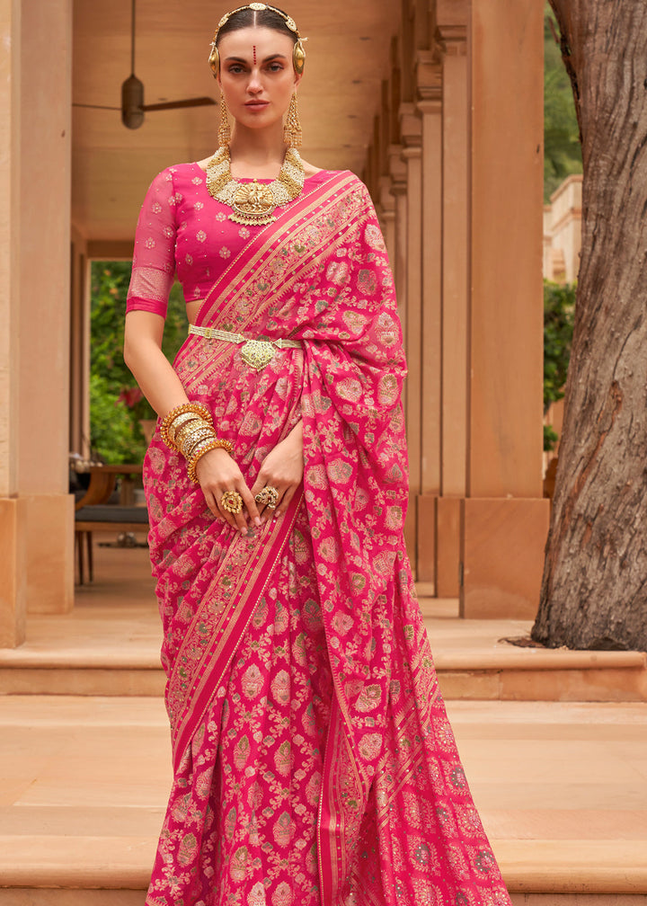 Rani Pink Woven Brasso Silk Saree With Blouse