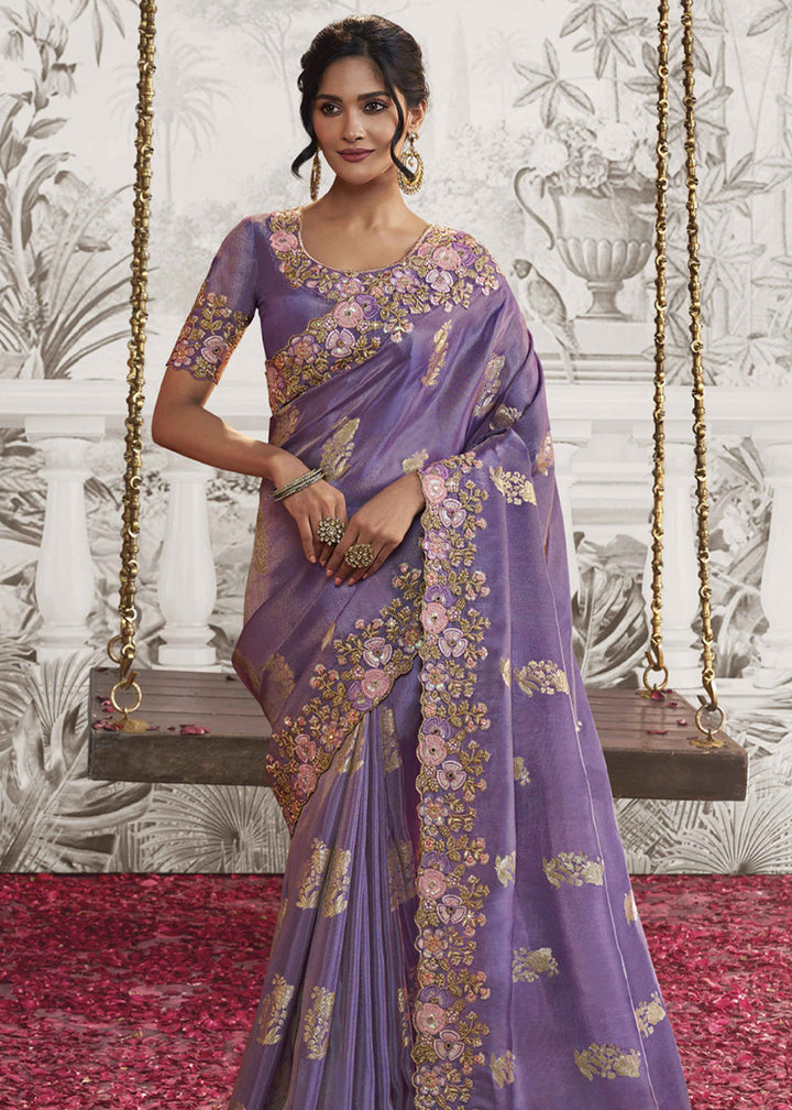 Lilac purple Silk Saree With Designer Blouse