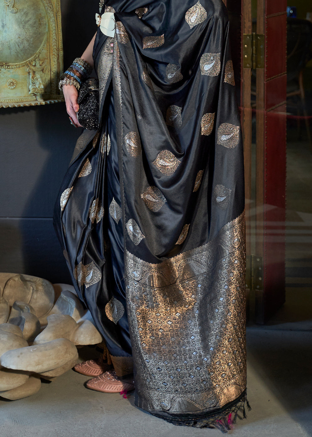 Black Satin Handloom Weaving Silk Saree