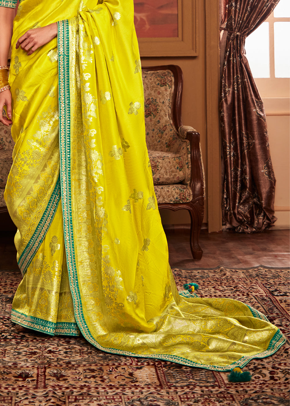 Lemon Yellow Designer Soft Pure Dola Silk Saree