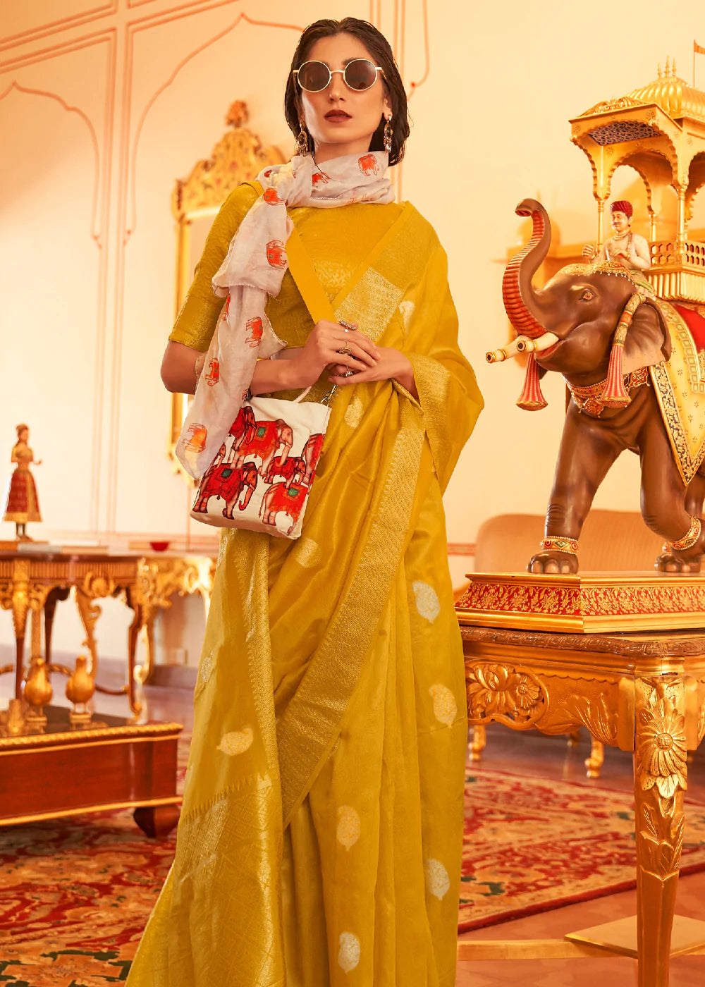 Mustard Yellow Tissue Zari Organza Silk Saree