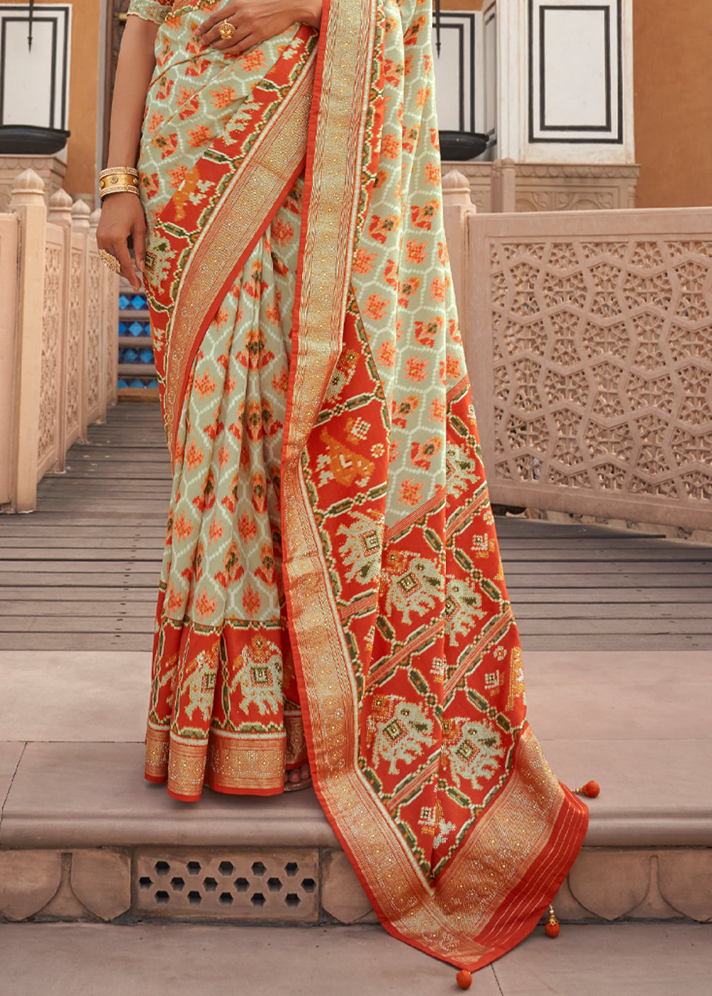 Beige and Red Designer Patola Silk Saree