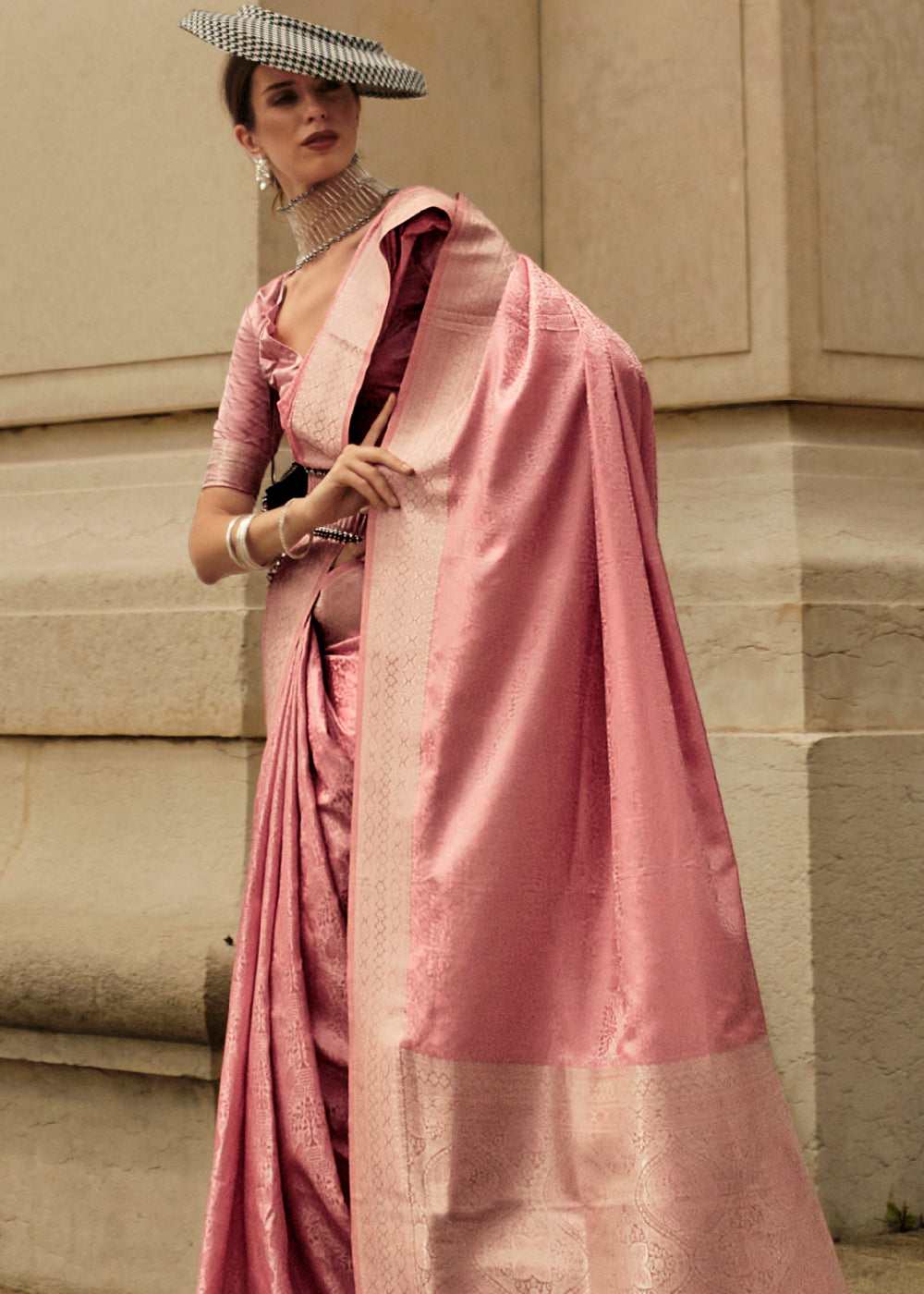 Sweet Pink Satin Handloom Weaving Silk Saree