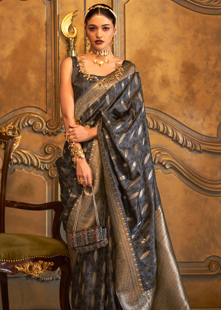 Bold Black Woven Banarasi Satin Silk Saree