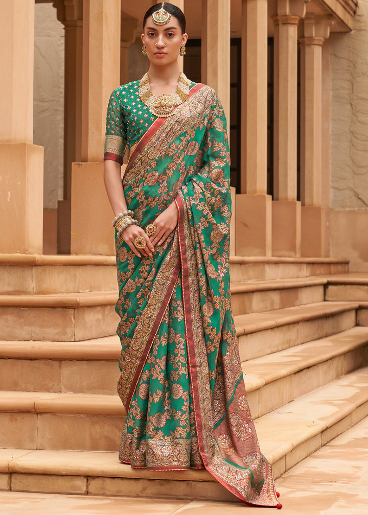 Trendy Green Woven Brasso Silk Saree With Blouse