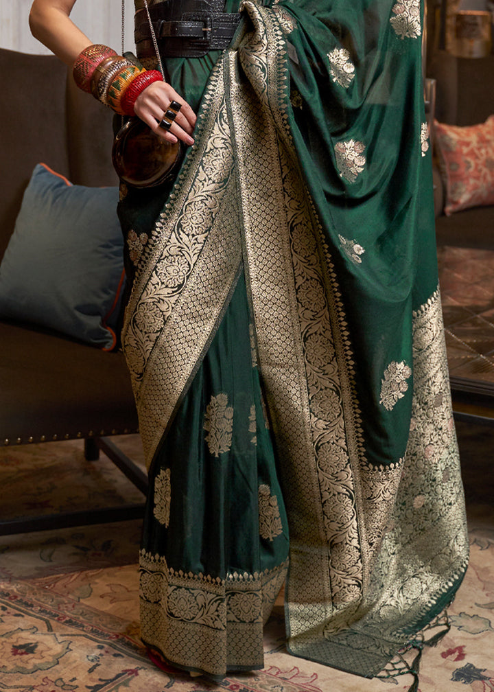 Dark Green Woven Khadi Georgette Silk Saree