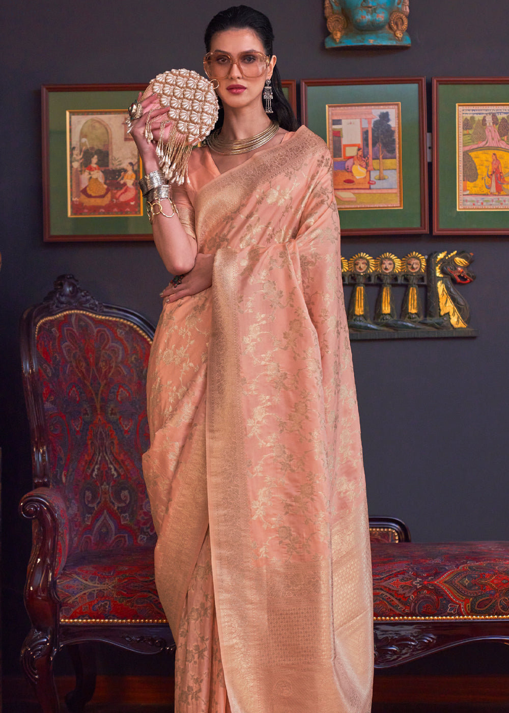 Peach Katan Handloom Weaving Silk Saree