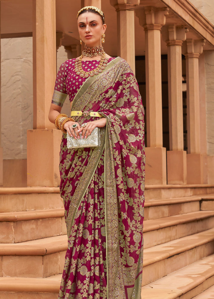 Wine Purple Woven Brasso Silk Saree With Blouse