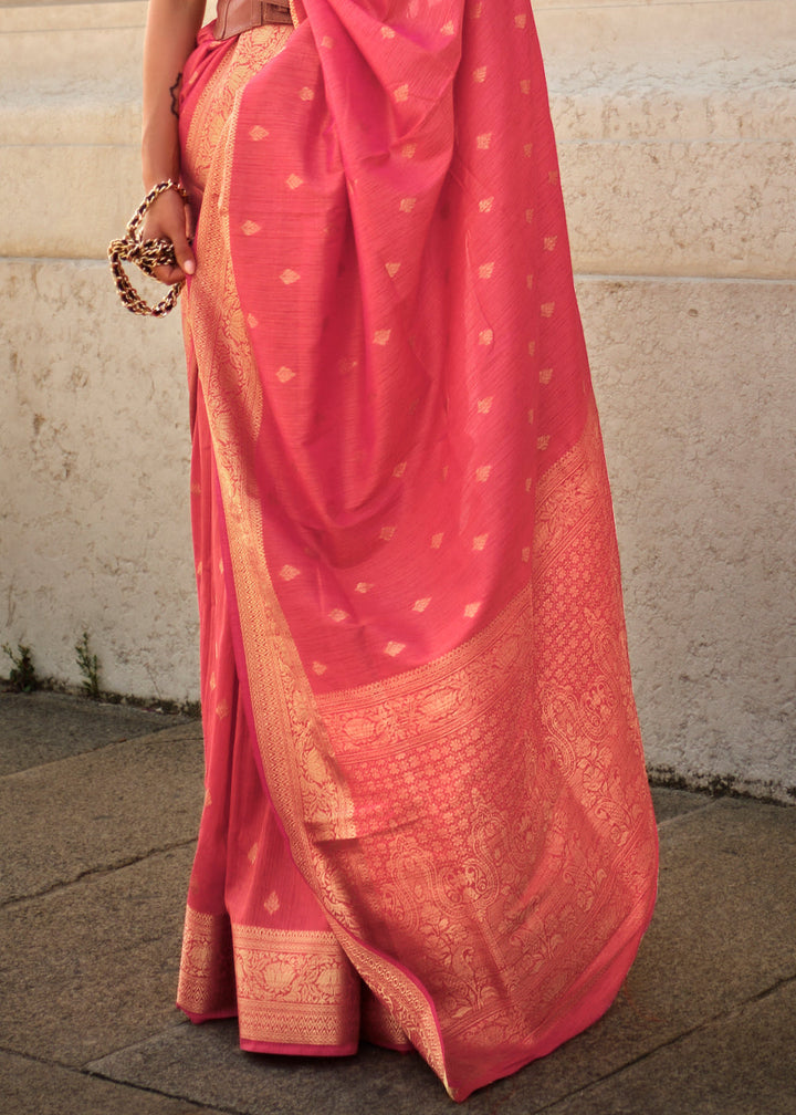 Peach Pink Handloom Weaving khadi silk saree