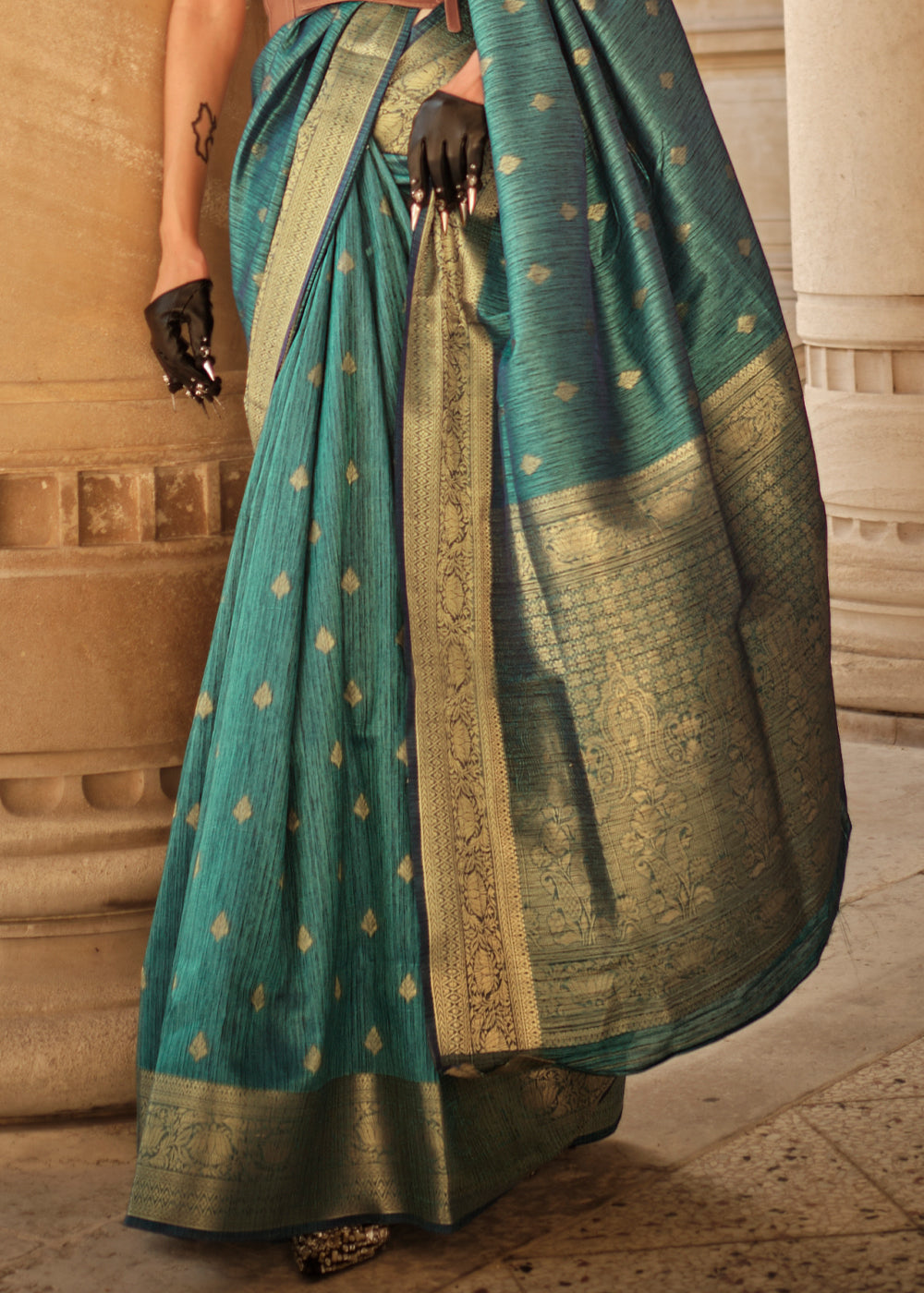 Teal Green handloom Weaving khadi silk saree