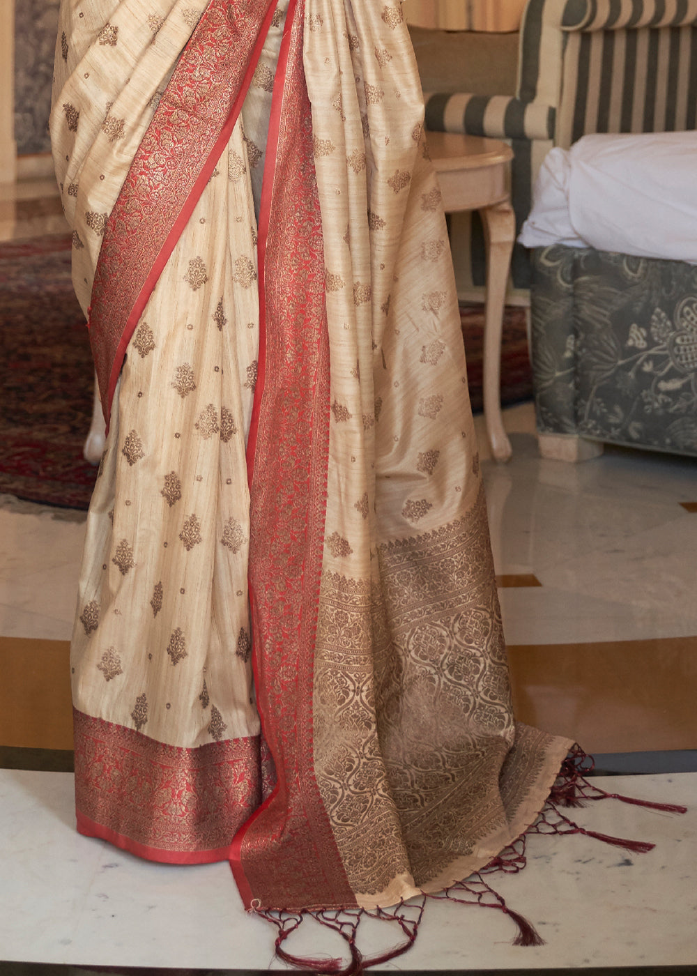 Beige Woven Tussar Silk Saree With Brocade Blouse