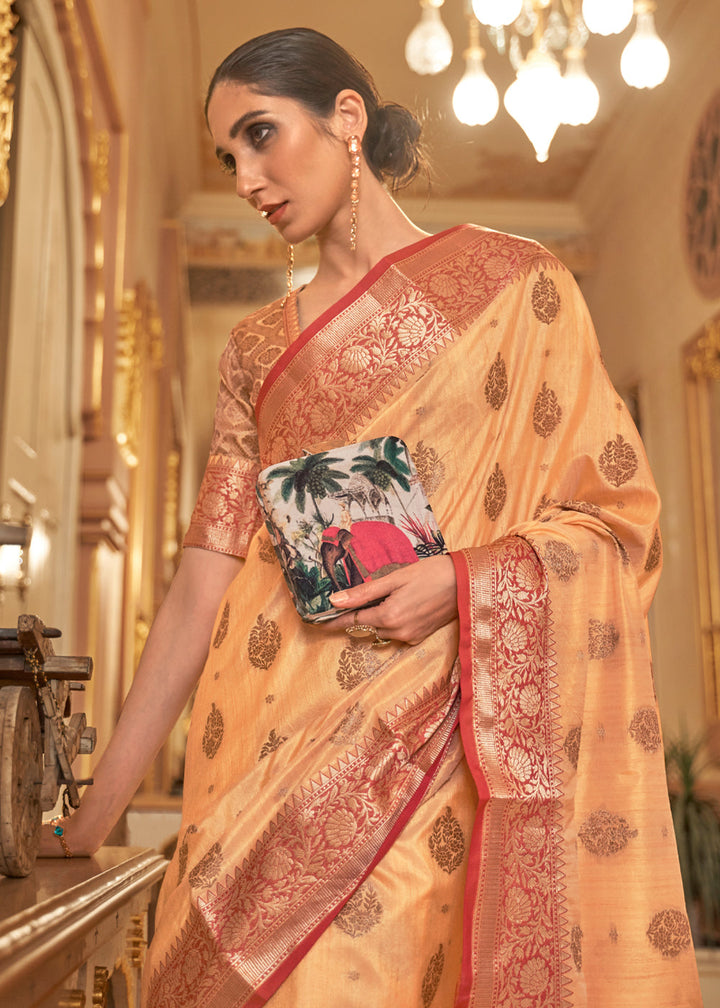 Apricot Orange Woven Tussar Silk Saree