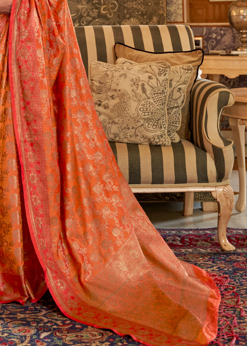 Orange Woven Tussar Silk Saree With Brocade Blouse