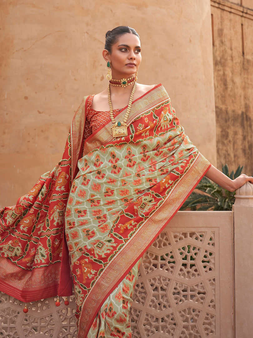 Beige and Red Designer Patola Silk Saree