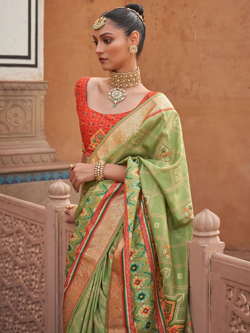 Pista Green Designer Patola Silk Saree