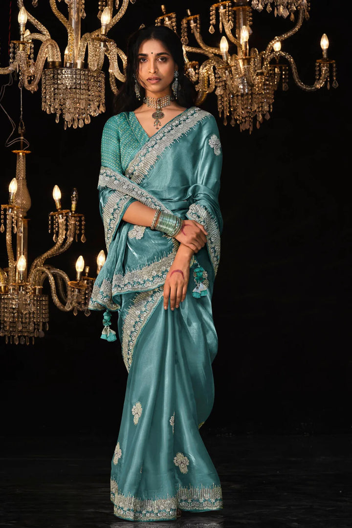 Shade Of Blue Tissue Embroidery Designer Saree