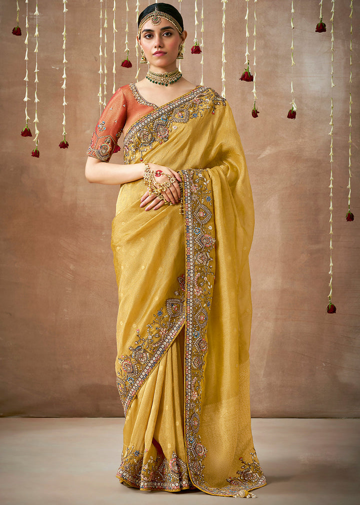 Wedding Special Yellow Woven Tissue Dola Silk Saree with Designer Blouse