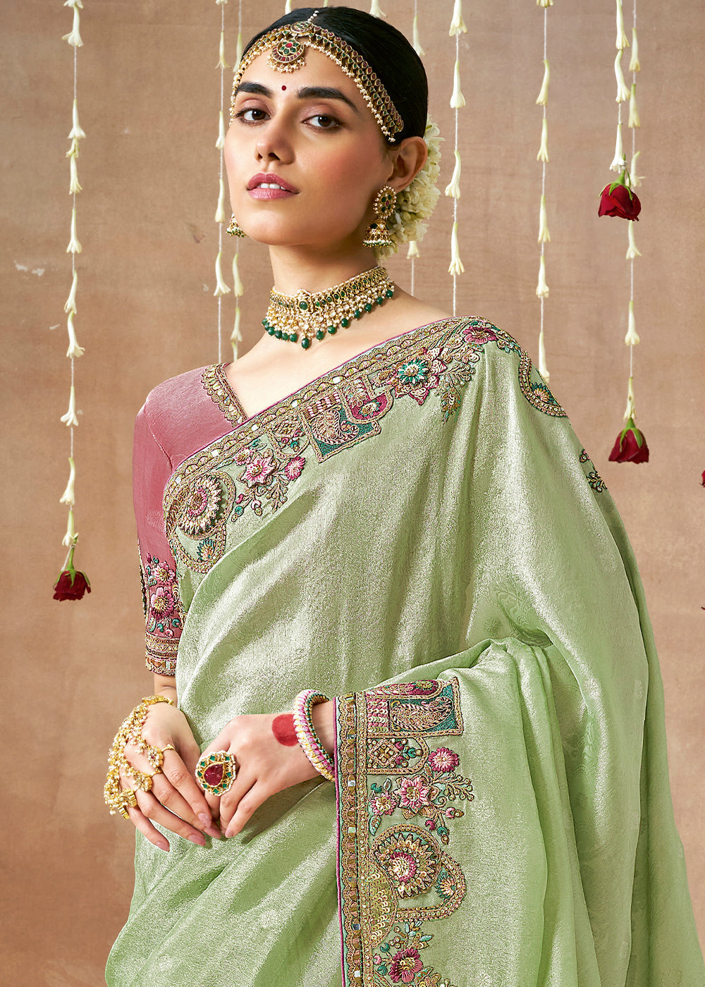 Wedding Special Pista Green Woven Tissue Dola Silk Saree with Designer Blouse