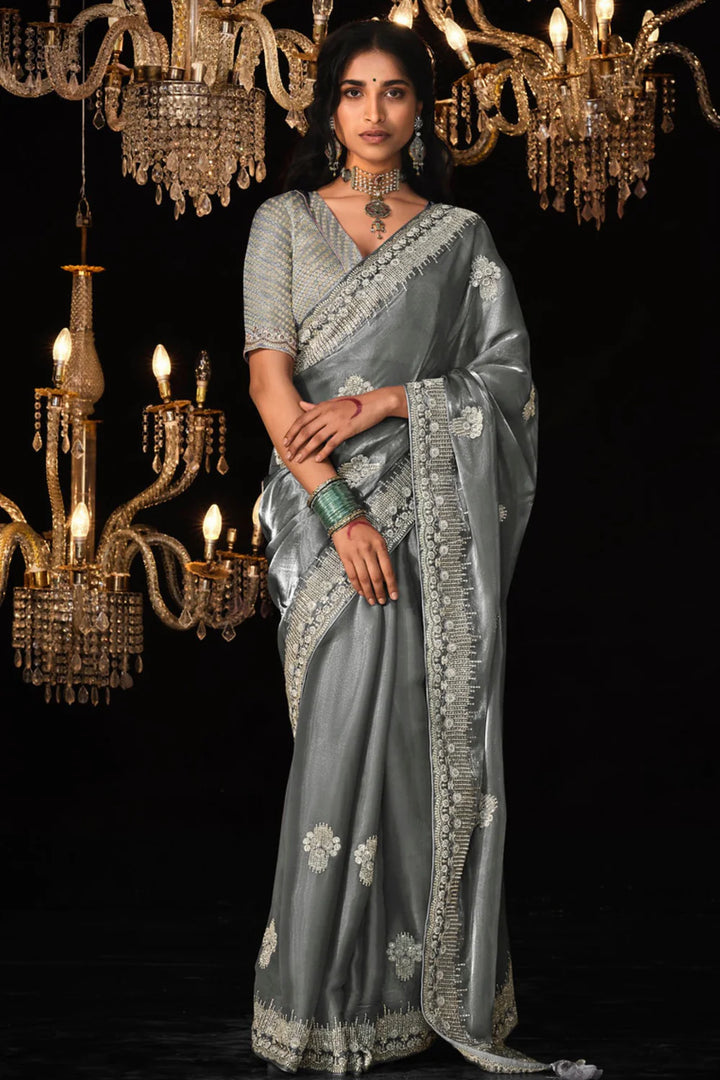 Silver Grey Tissue Embroidery Designer Saree