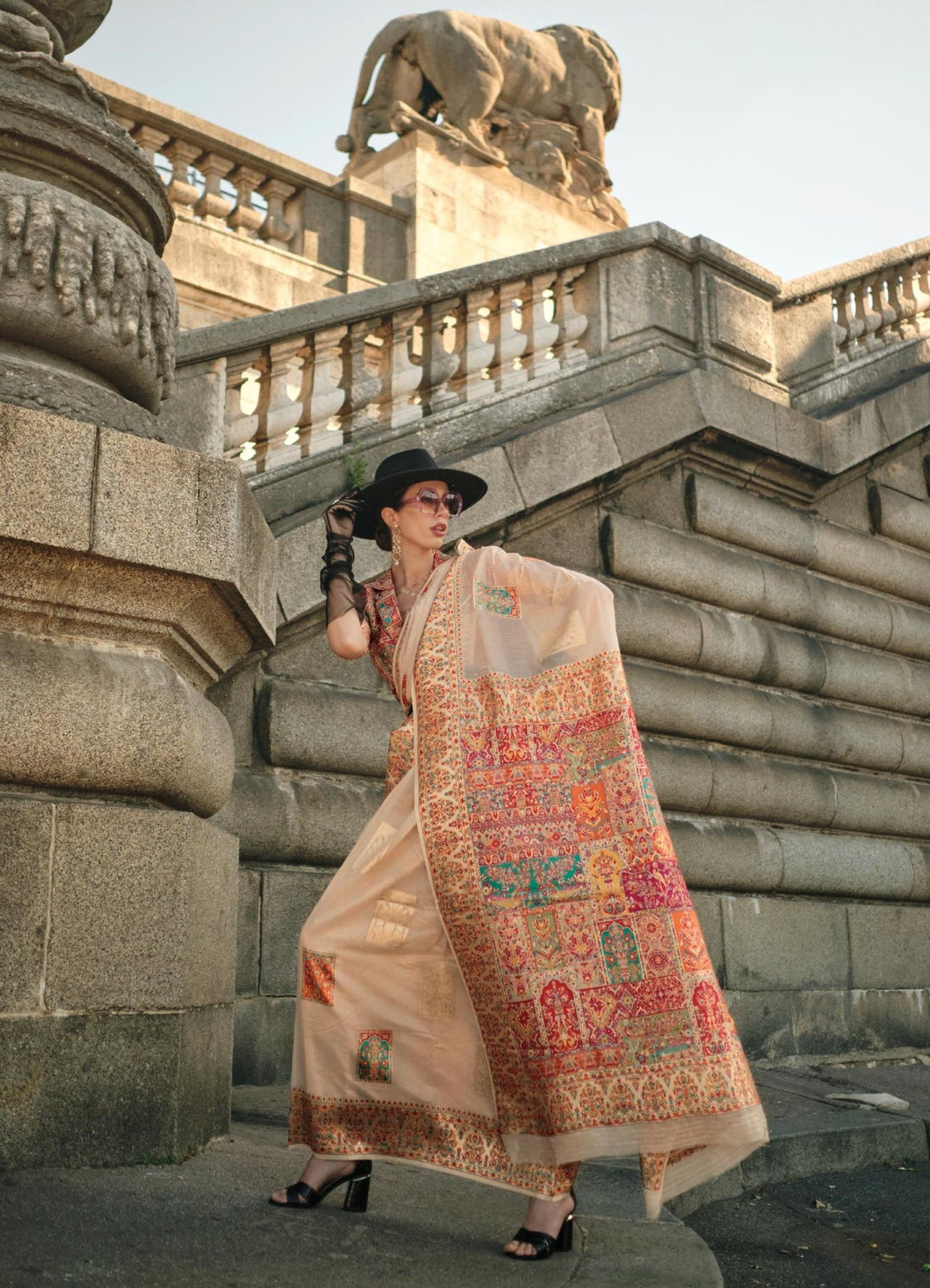 Beige Woven Designer Kashmiri Saree And Blouse