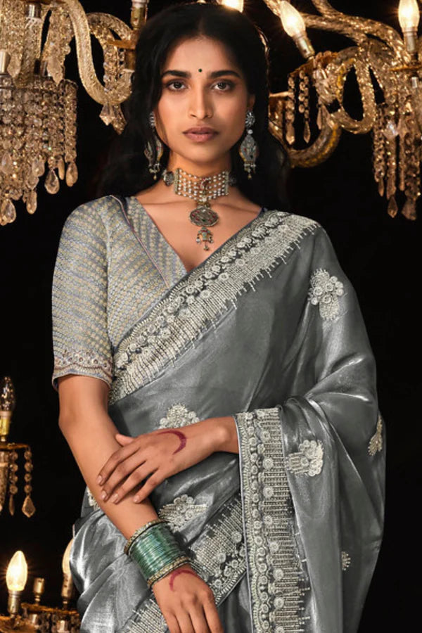 Silver Grey Tissue Embroidery Designer Saree