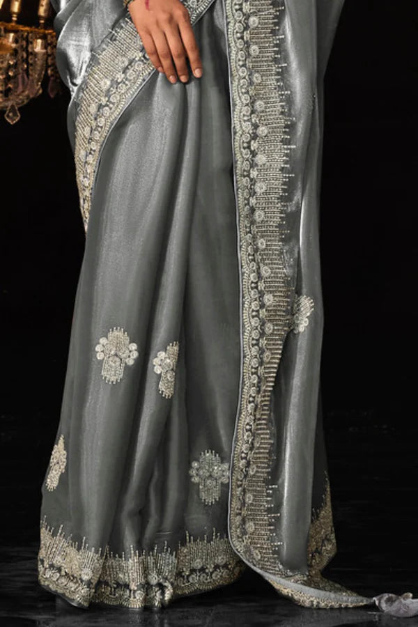 Silver Grey Tissue Embroidery Designer Saree