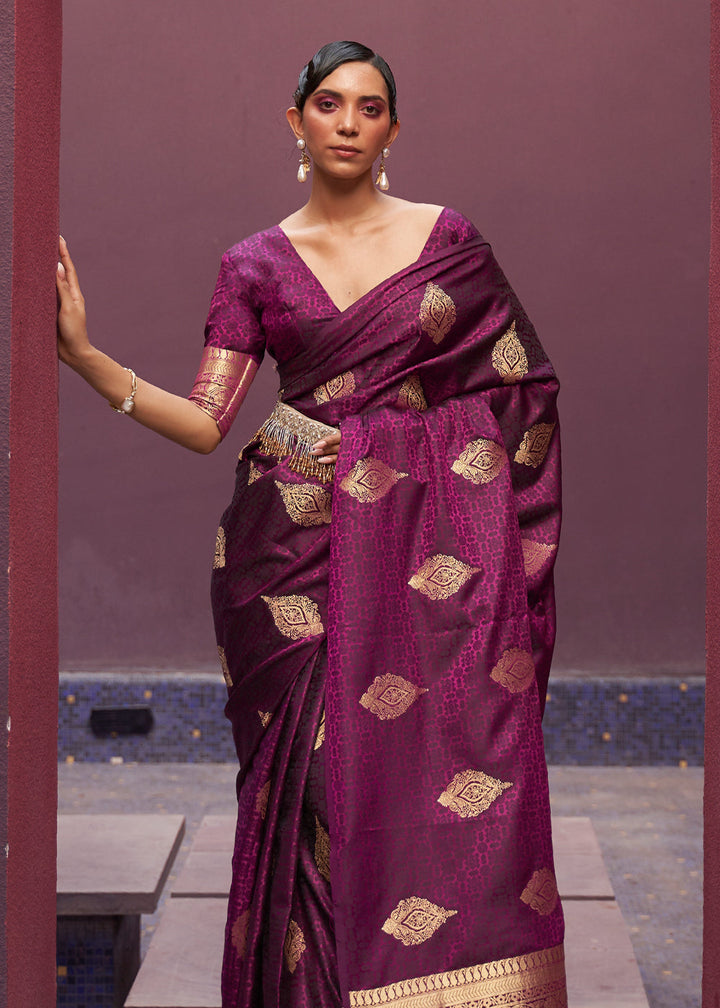 Wine Purple Woven Banarasi Satin Silk Saree