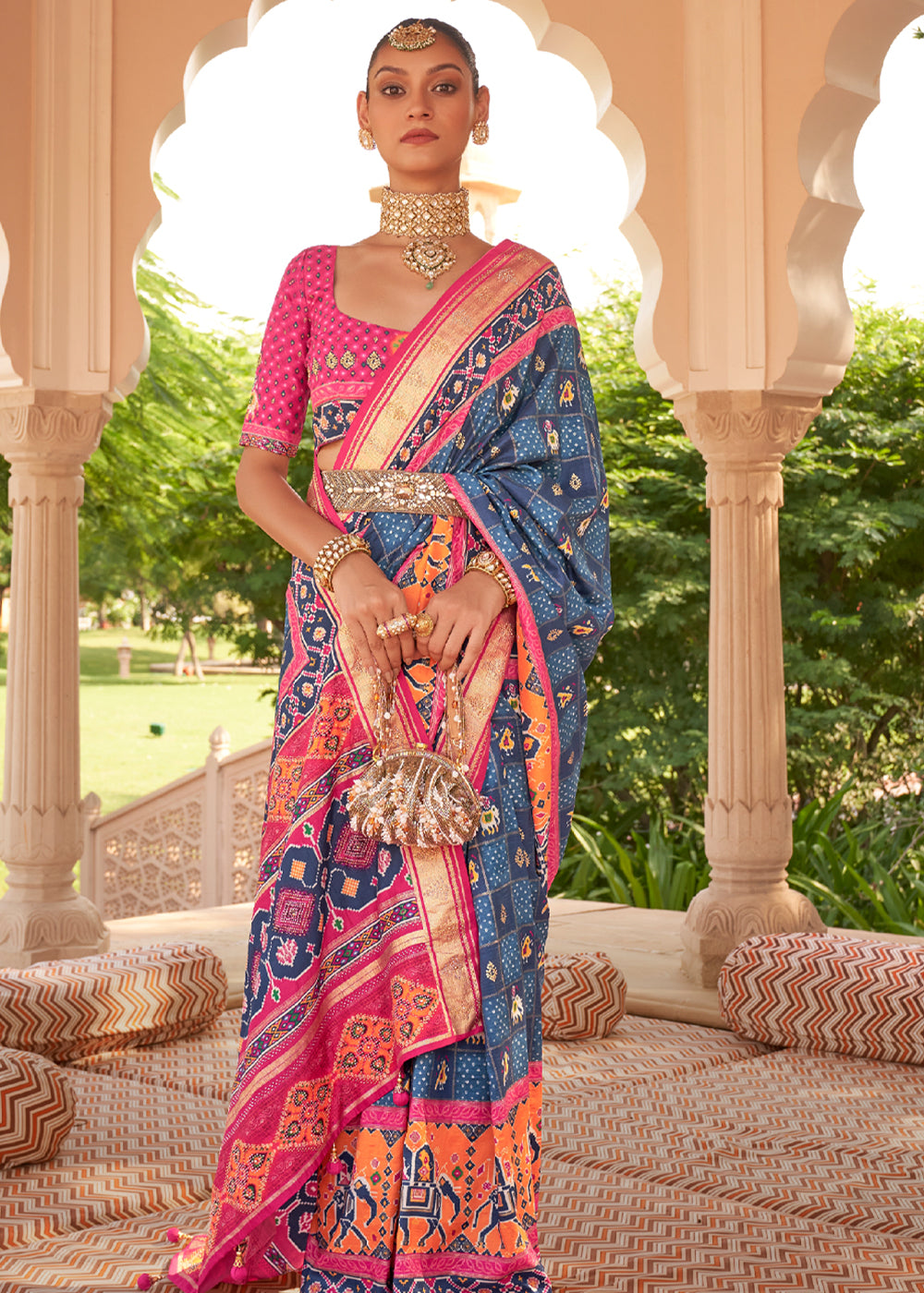 Blue and Pink Designer Patola Silk Saree