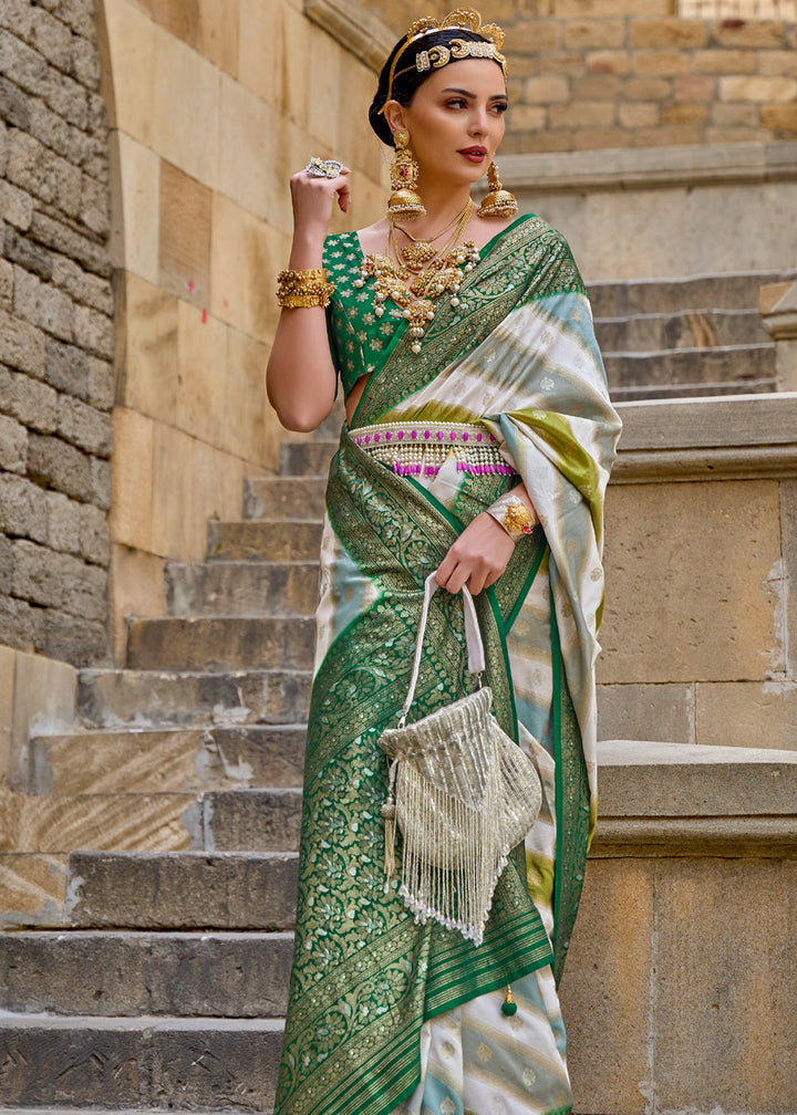 White and Green Printed Patola Saree With Blouse