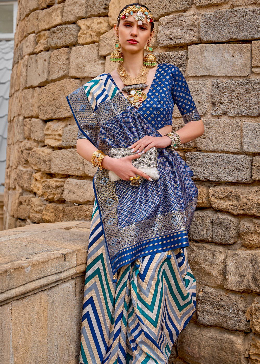 Twilight Blue Printed Patola Saree With Blouse