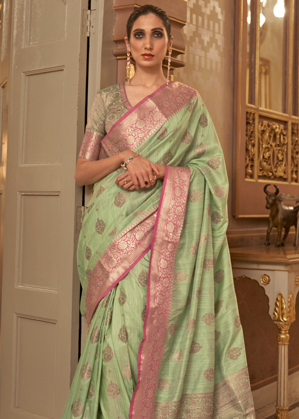 Garden Green Woven Tussar Silk Saree